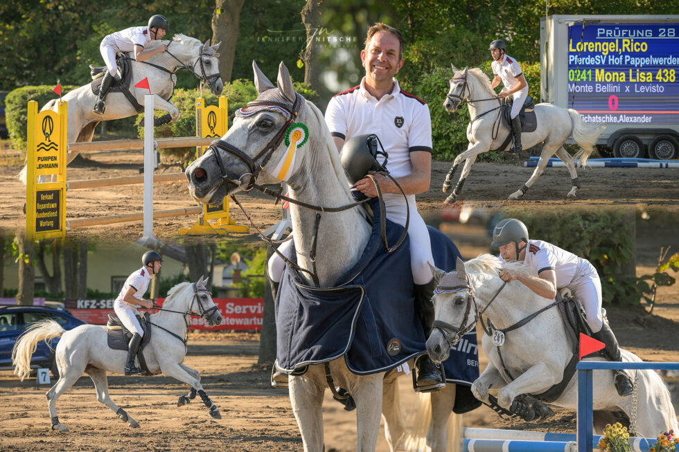 Reitturnier Rudow September 2023 - Turniercollage von einem Schimmel im S-Springen und der Siegerehrung mit seinem Reiter