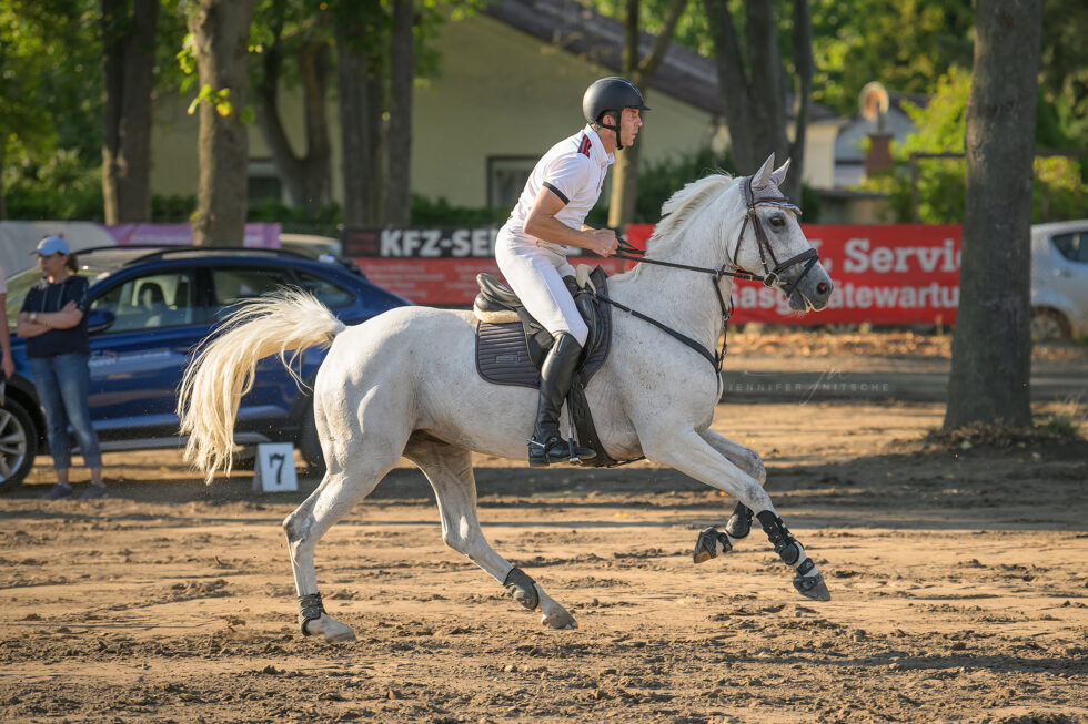 Reitturnier Rudow September 2023 - Galoppfoto von einem Schimmel und im Springparcours und seinem Reiter